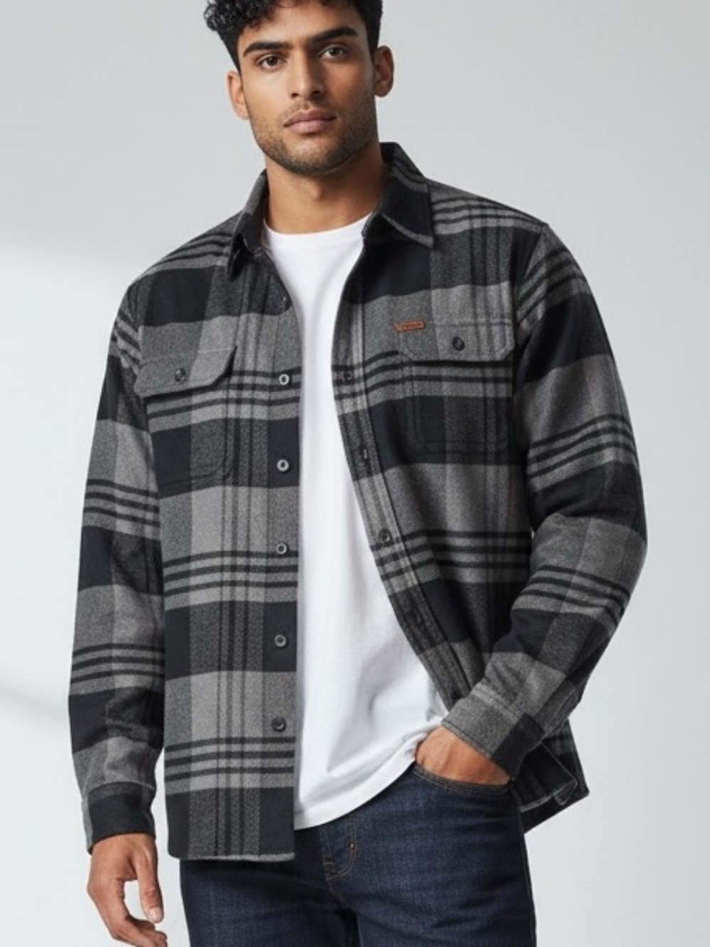 Orvis Men's L Big Bear Heavyweight Flannel Shirt Jacket Gray Plaid Cabincore